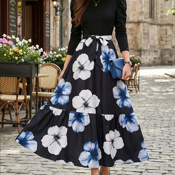 Women's Blue and Black Dress Floral Long Sleeve Maxi Set