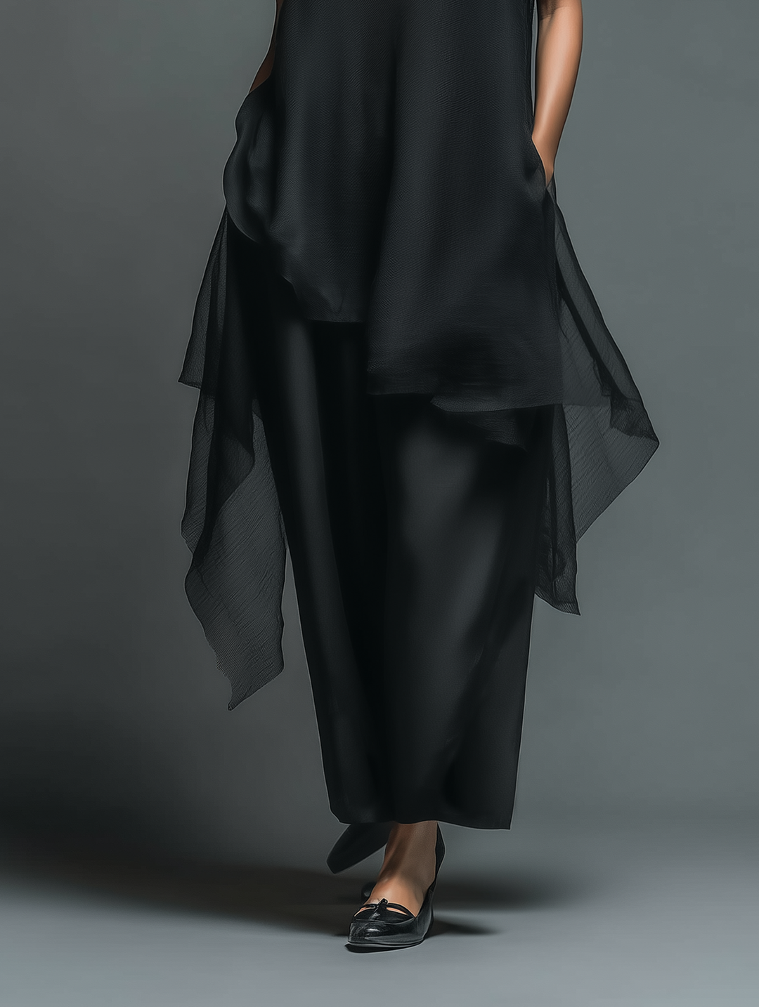 Noelle | Black Slip Dress for Women with Turtleneck Chiffon Overlay Spaghetti Strap Maxi Style