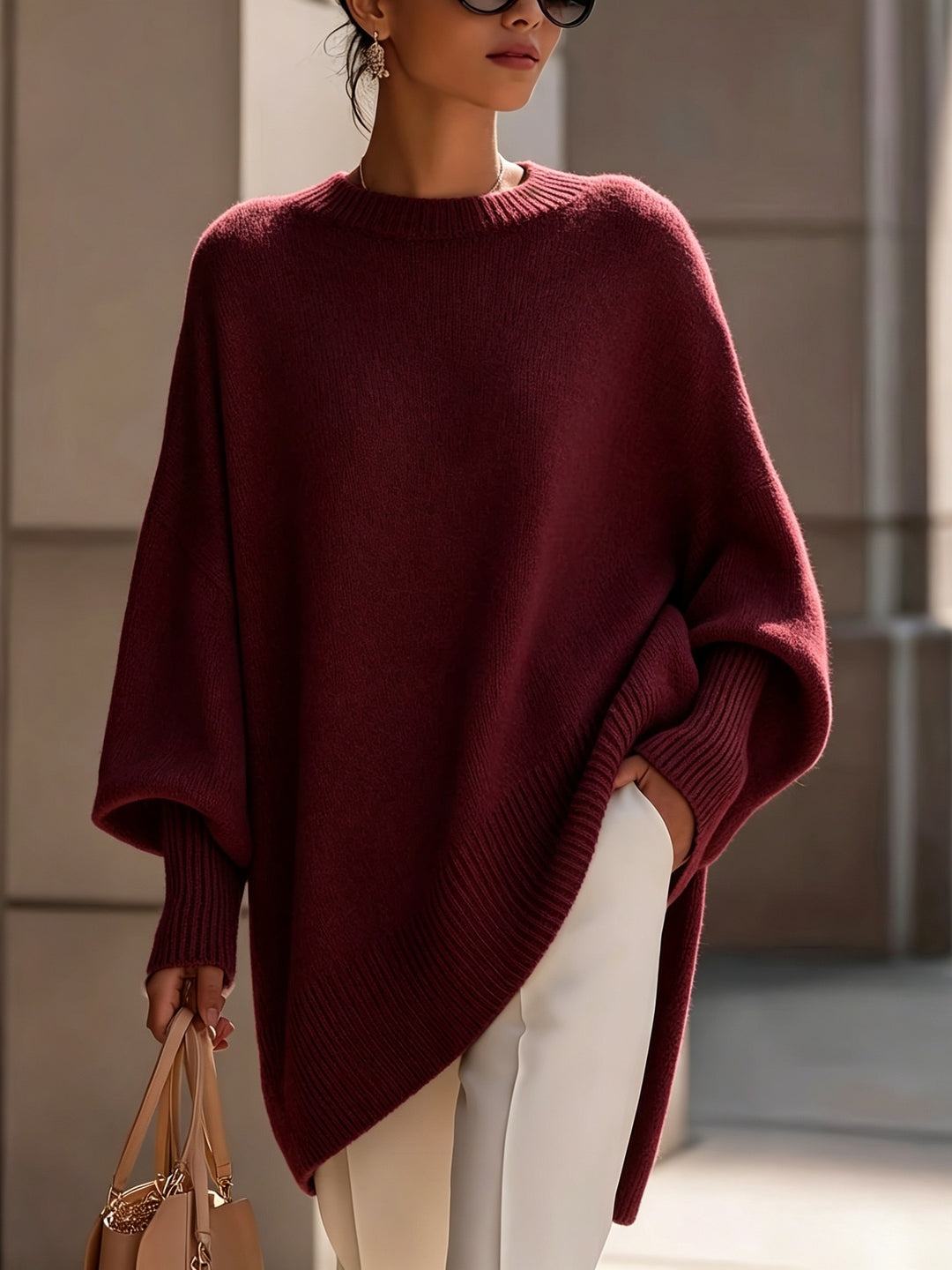 French-style Relaxed Silhouette Top, Irregular Slanted Hem Loose Lantern Sleeve Sweater, Gentle and Elegant Loose Fit That Is, Urban Casual Style