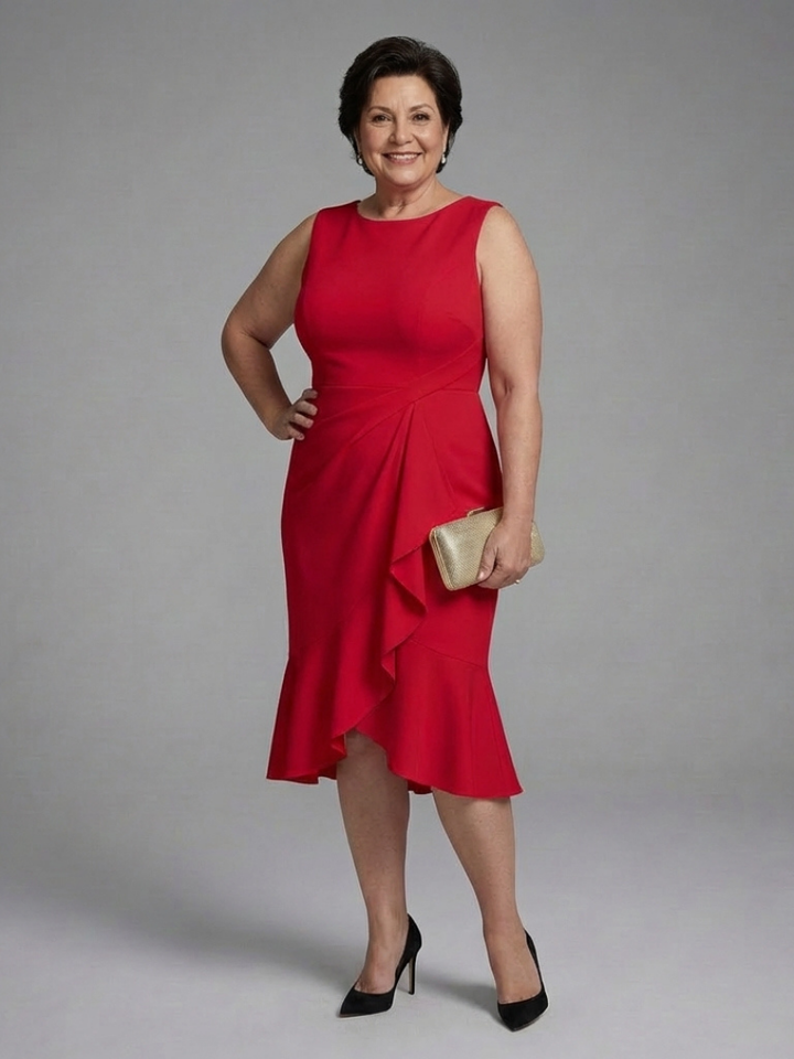 Elegant Sleeveless Midi Dress for Women with Ruffle Hem Fitted Waist Formal Wedding Guest Style