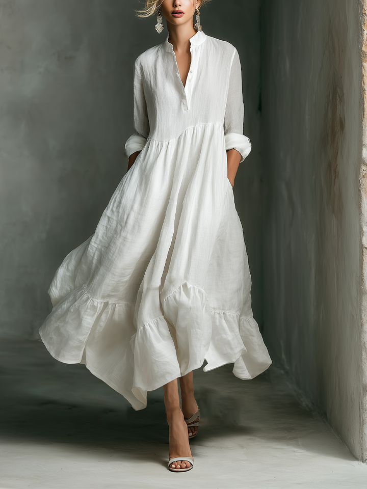 Haley | White Linen Tiered Ruffle Hem Long Sleeve Maxi Dress for Women