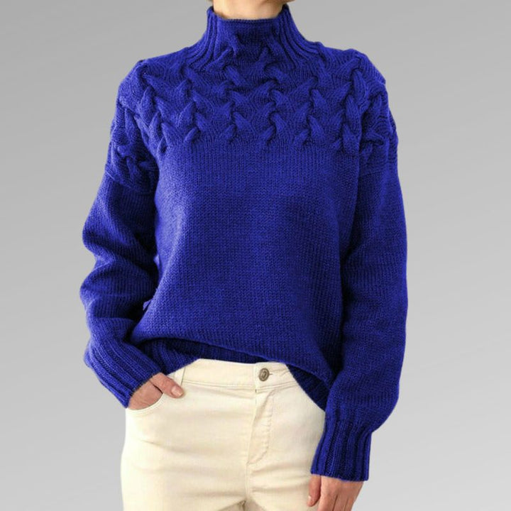 Comfortable Cable Knit Turtleneck Sweater for Women with Textured Yoke Puff Sleeve Ribbed Cuff Style
