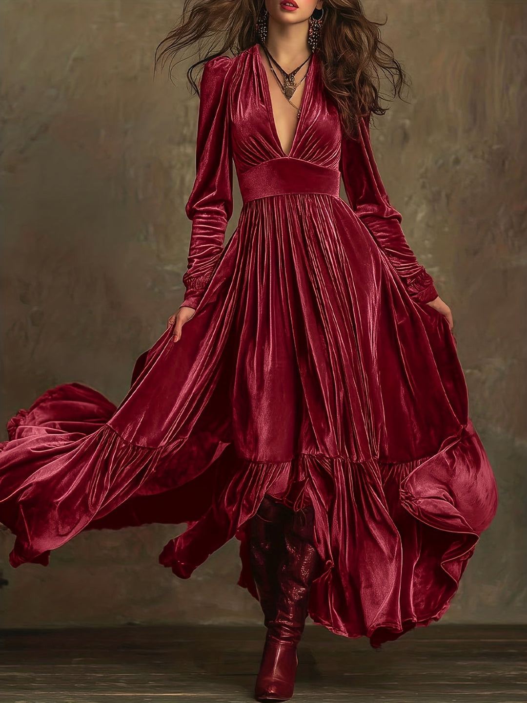 Elegant Velvet Maxi Dress for Women with Plunging V Neck Long Sleeve Tiered Ruffle Flowing Style