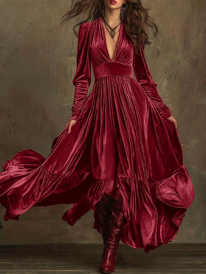 Elegant Velvet Maxi Dress for Women with Plunging V Neck Long Sleeve Tiered Ruffle Flowing Style