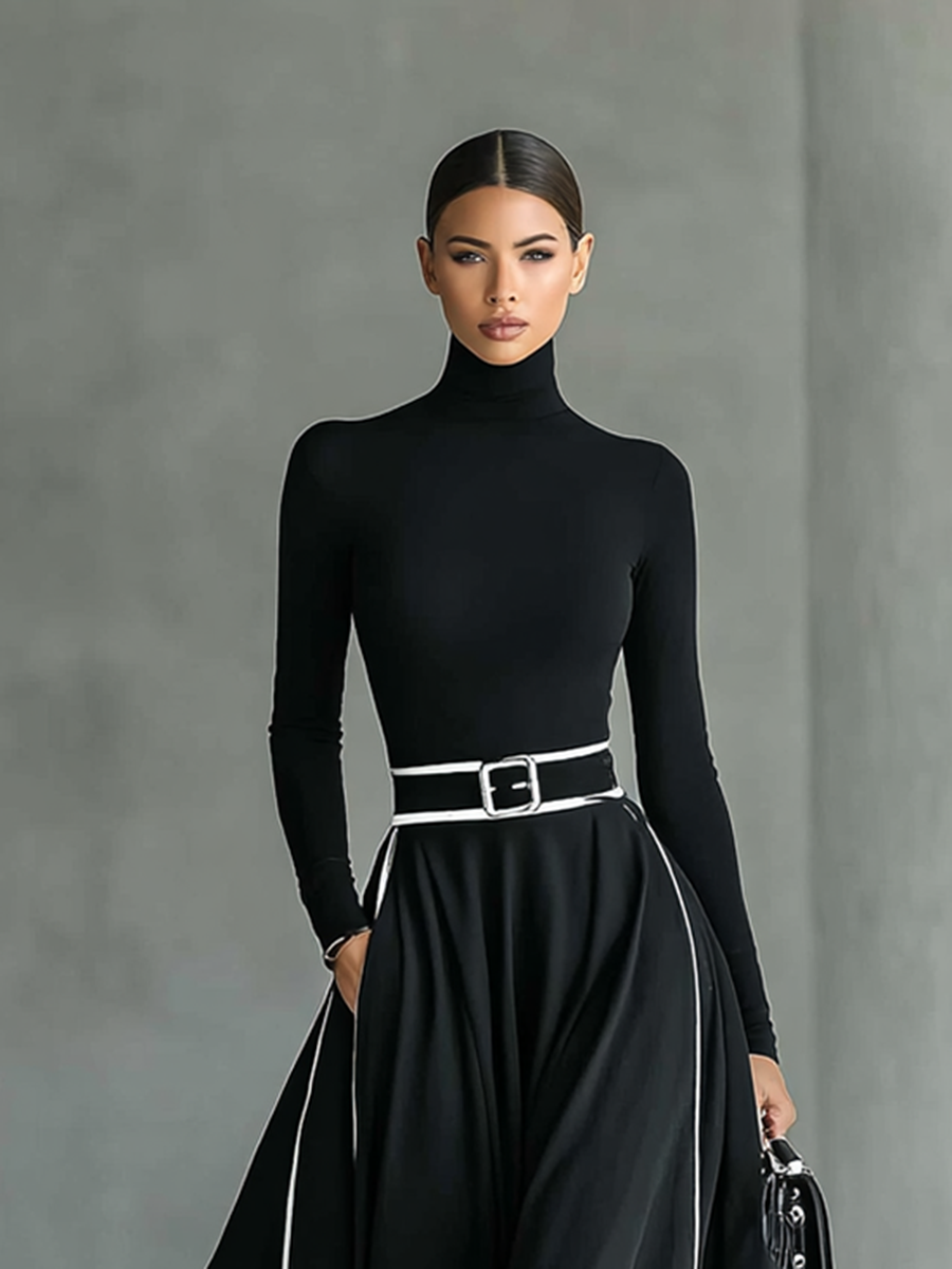 Reese | Turtleneck White Trim Belt Waist Flared Maxi Dress