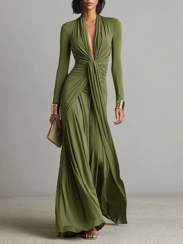 Delilah | Green Dress for Women with Deep V Neck Twist Knot Ruched Long Sleeve Formal Maxi Style