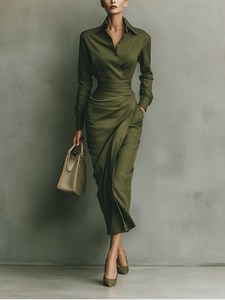 Ivy | Green Fitted Lapel Ruched Waist Maxi Dress