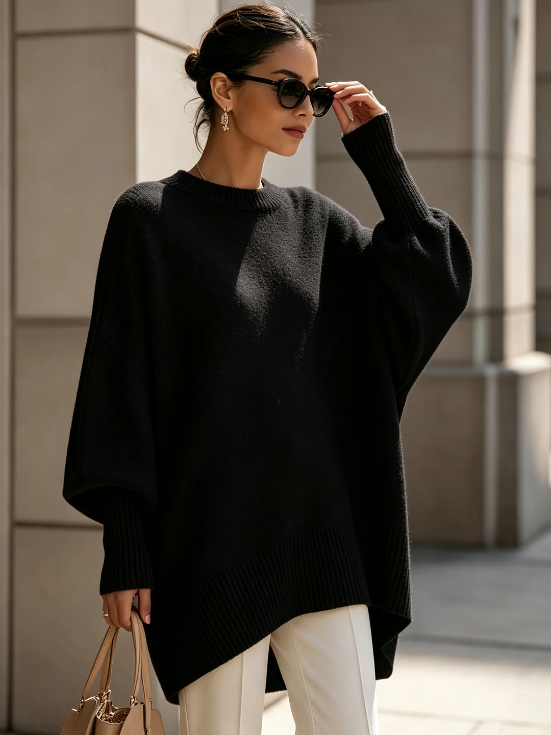 French-style Relaxed Silhouette Top, Irregular Slanted Hem Loose Lantern Sleeve Sweater, Gentle and Elegant Loose Fit That Is, Urban Casual Style