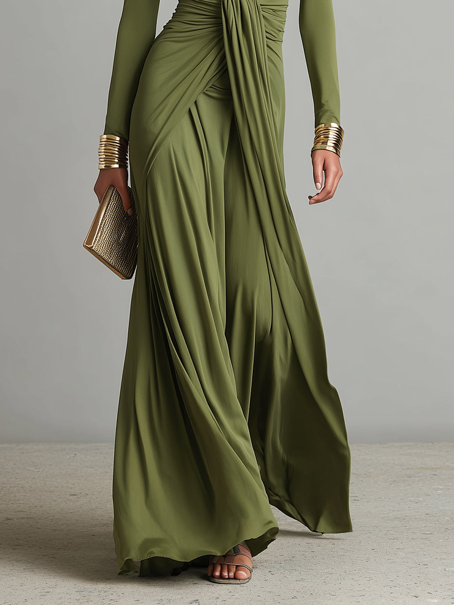 Delilah | Green Dress for Women with Deep V Neck Twist Knot Ruched Long Sleeve Formal Maxi Style