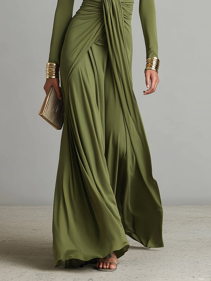 Delilah | Green Dress for Women with Deep V Neck Twist Knot Ruched Long Sleeve Formal Maxi Style