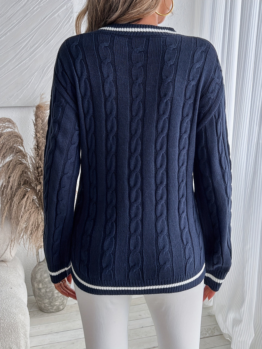 Women's Contrast Trim V Neck Long Sleeve Cable Knit Sweater