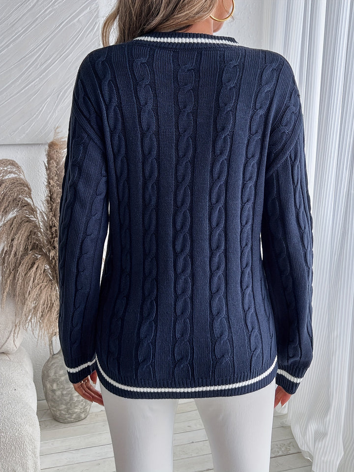 Women's Contrast Trim V Neck Long Sleeve Cable Knit Sweater