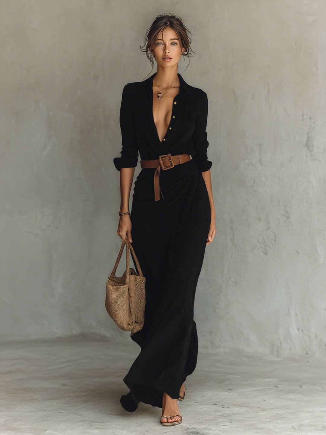Camille | Lapel Collar Belt Waist Draped Long Sleeve Maxi Dress for Women