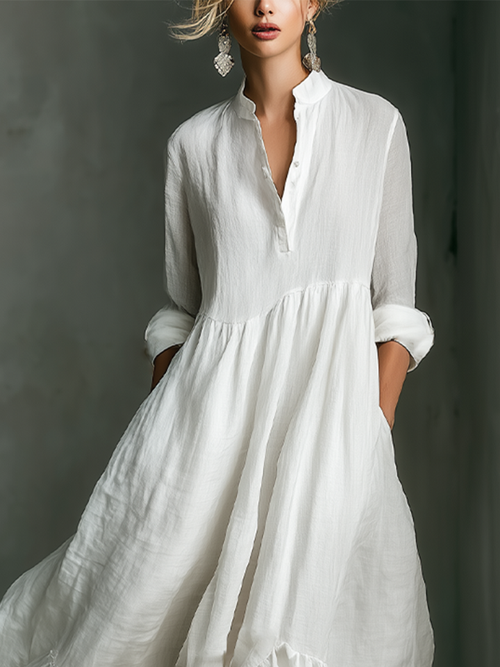 Haley | White Linen Tiered Ruffle Hem Long Sleeve Maxi Dress for Women