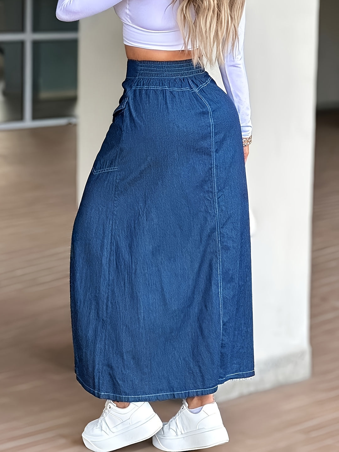 Women's Blue Denim High Waist Front Slit Maxi Long Skirt