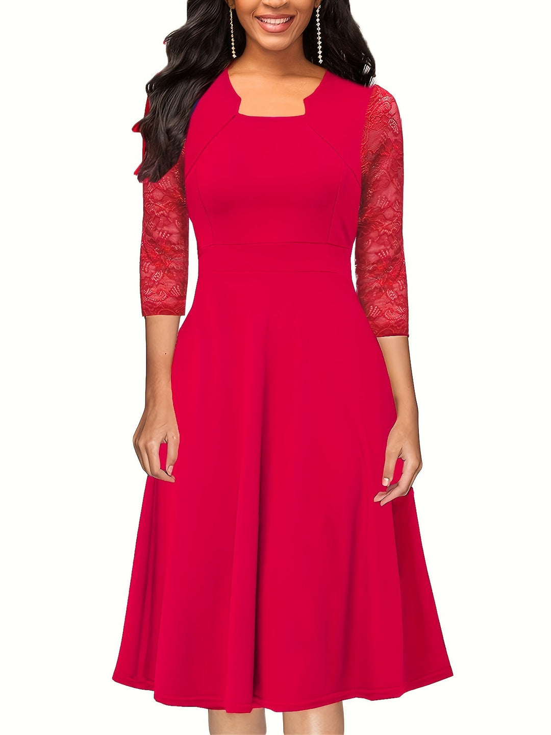 Elegant Lace Midi Dress for Women with Square Neck Three Quarter Sleeve Fit and Flare Cocktail Style