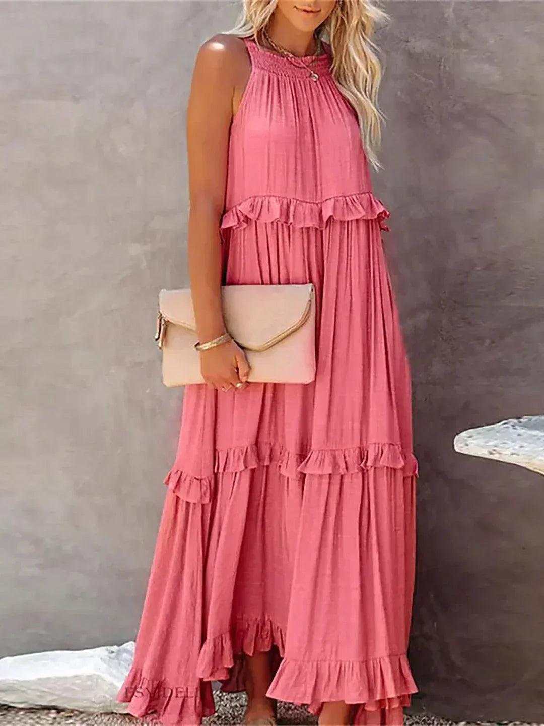 Elegant Tiered Chiffon Maxi Cocktail Dress for Women with Halter Neckline Ruffle Layers Flowing Skirt