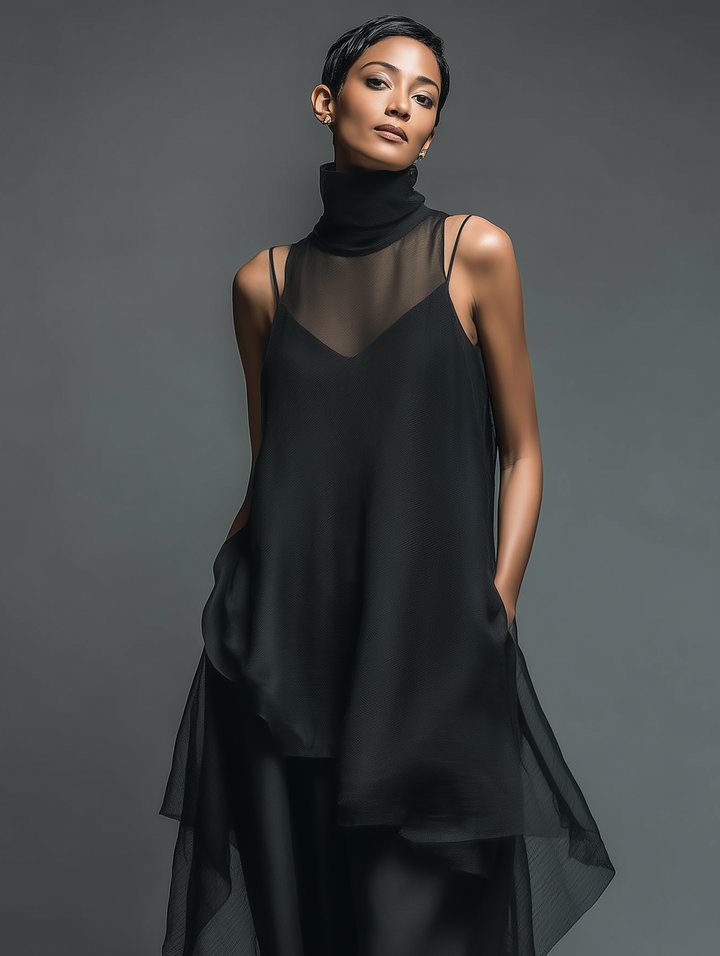 Noelle | Black Slip Dress for Women with Turtleneck Chiffon Overlay Spaghetti Strap Maxi Style
