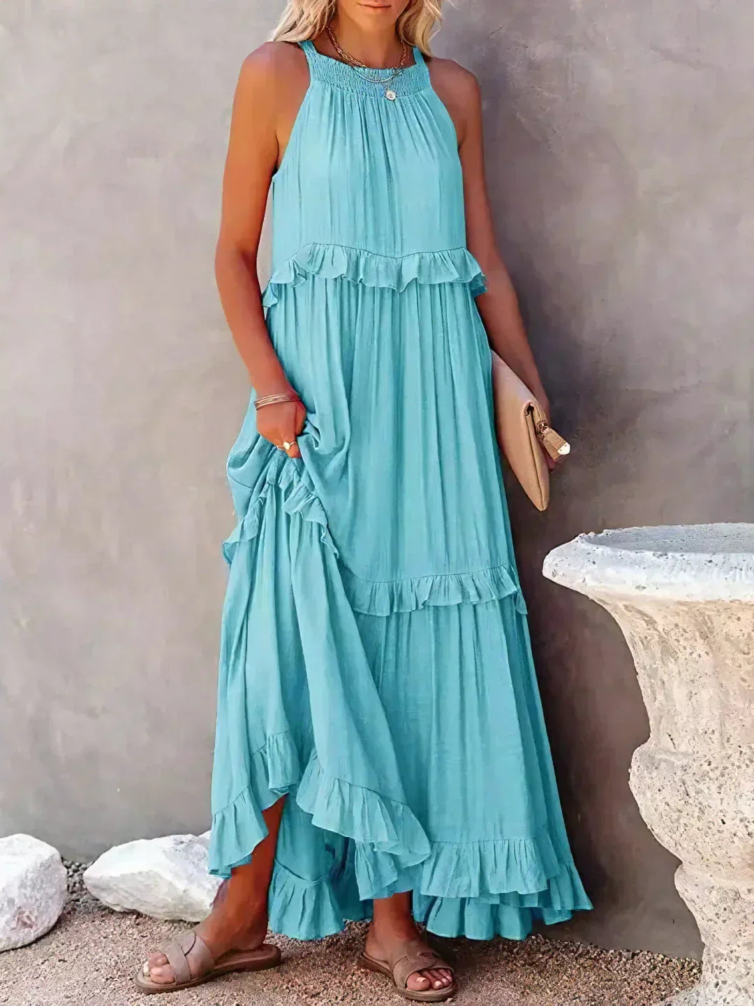 Elegant Tiered Chiffon Maxi Cocktail Dress for Women with Halter Neckline Ruffle Layers Flowing Skirt