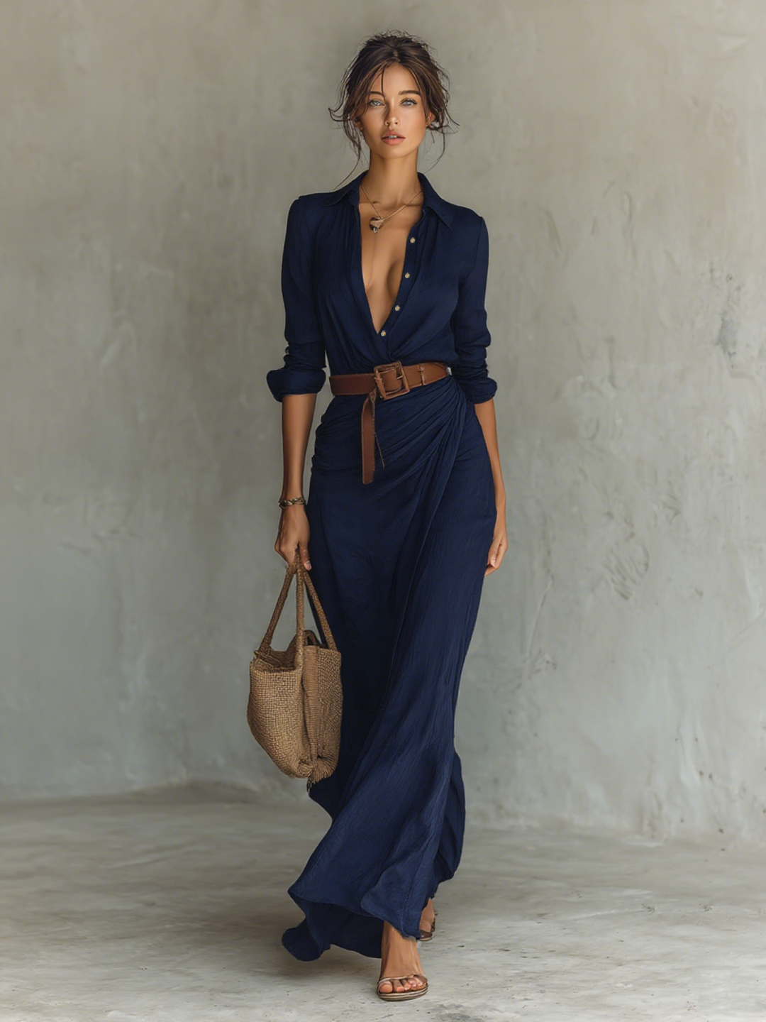 Camille | Lapel Collar Belt Waist Draped Long Sleeve Maxi Dress for Women