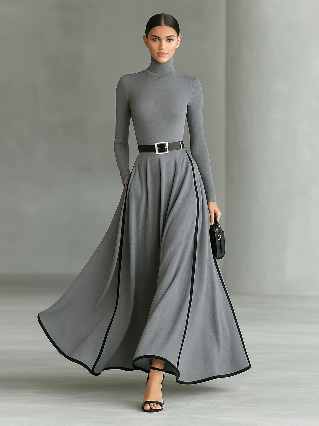 Reese | Turtleneck White Trim Belt Waist Flared Maxi Dress