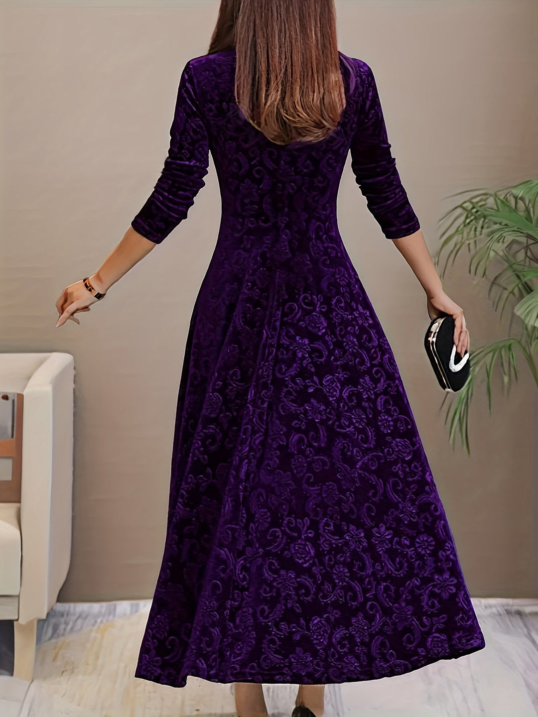 Elegant Velvet Floral Maxi Dress for Women with V Neck Long Sleeve A Line Flowing Formal Style