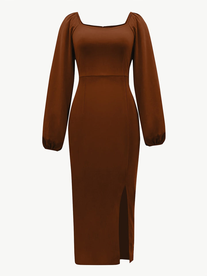 Elegant Bodycon Midi Dress for Women with Square Neck Long Puff Sleeve Side Slit Cocktail Style