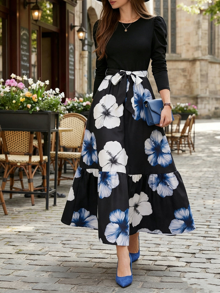 Women's Blue and Black Dress Floral Long Sleeve Maxi Set