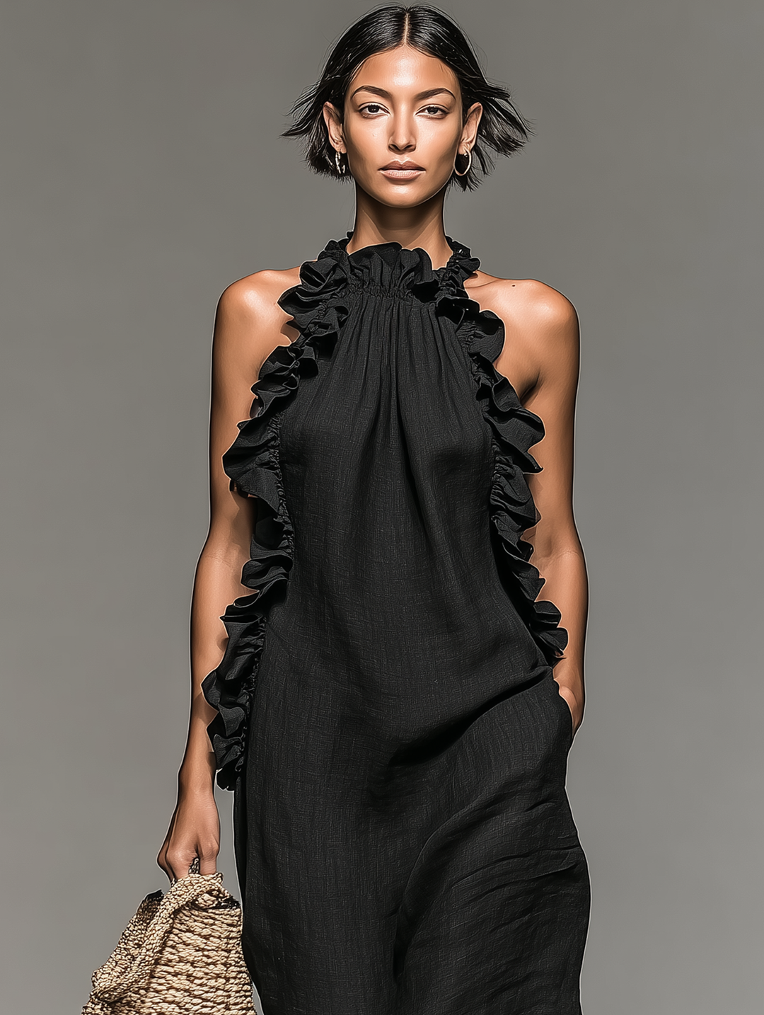 Jasmine | Linen Ruffle Halter Neck Sleeveless Maxi Dress for Women
