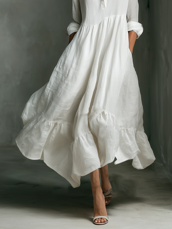 Haley | White Linen Tiered Ruffle Hem Long Sleeve Maxi Dress for Women