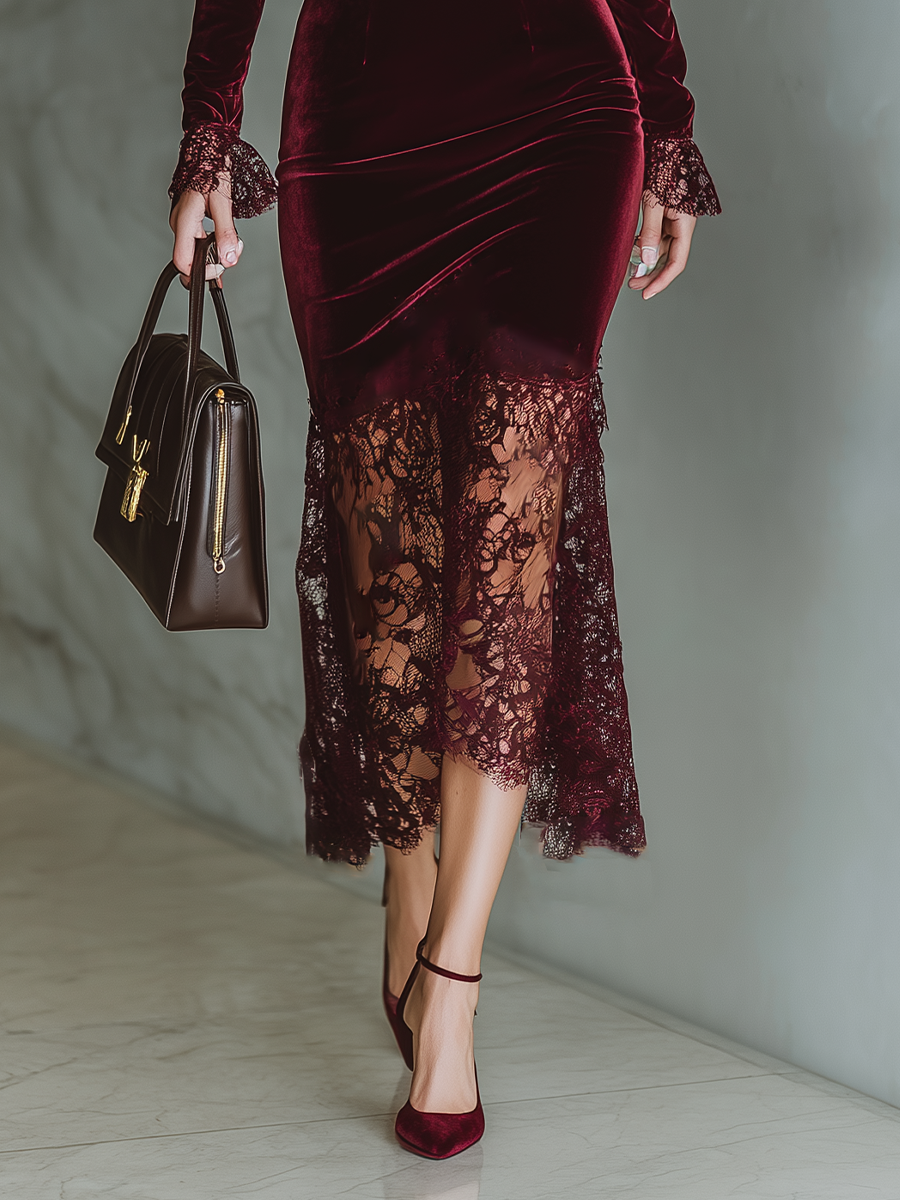 Scarlett | Velvet Square Neck Lace Trim Fitted Formal Maxi Dress