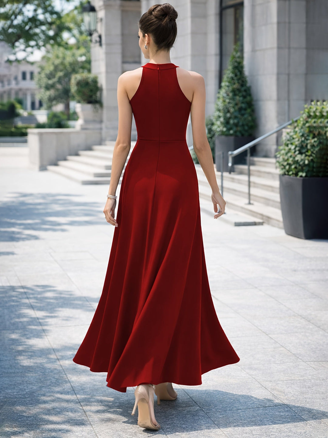 Elegant Satin Maxi Dress for Women with Halter Neck High Slit A Line Formal Wedding Guest Style