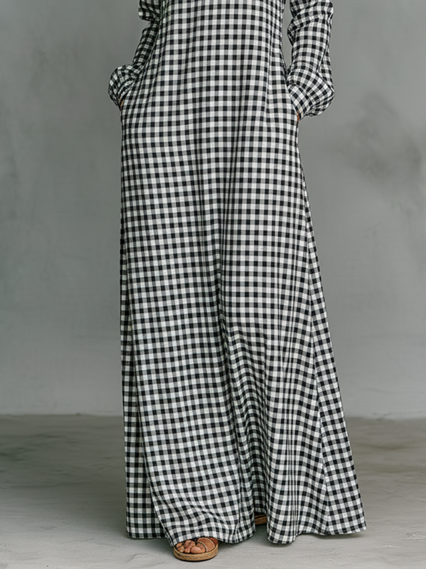 Paige | Black White Gingham V Neck Oversized Casual Maxi Dress