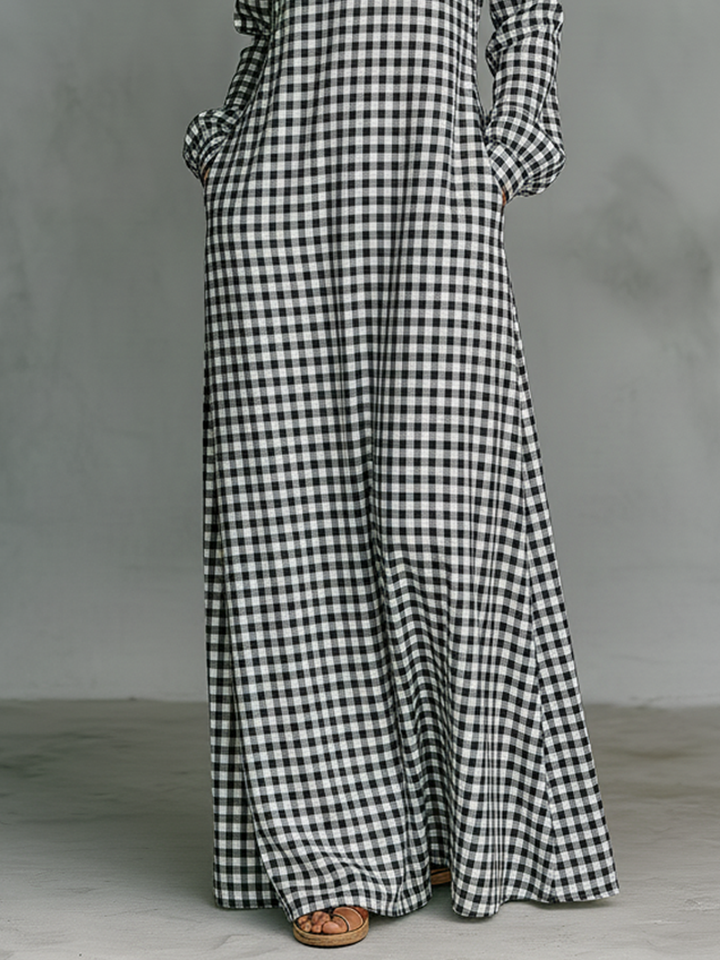 Paige | Black White Gingham V Neck Oversized Casual Maxi Dress