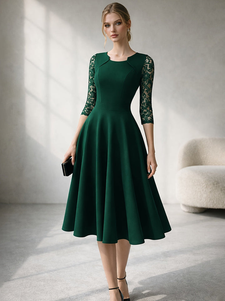 Elegant Lace Midi Dress for Women with Square Neck Three Quarter Sleeve Fit and Flare Cocktail Style