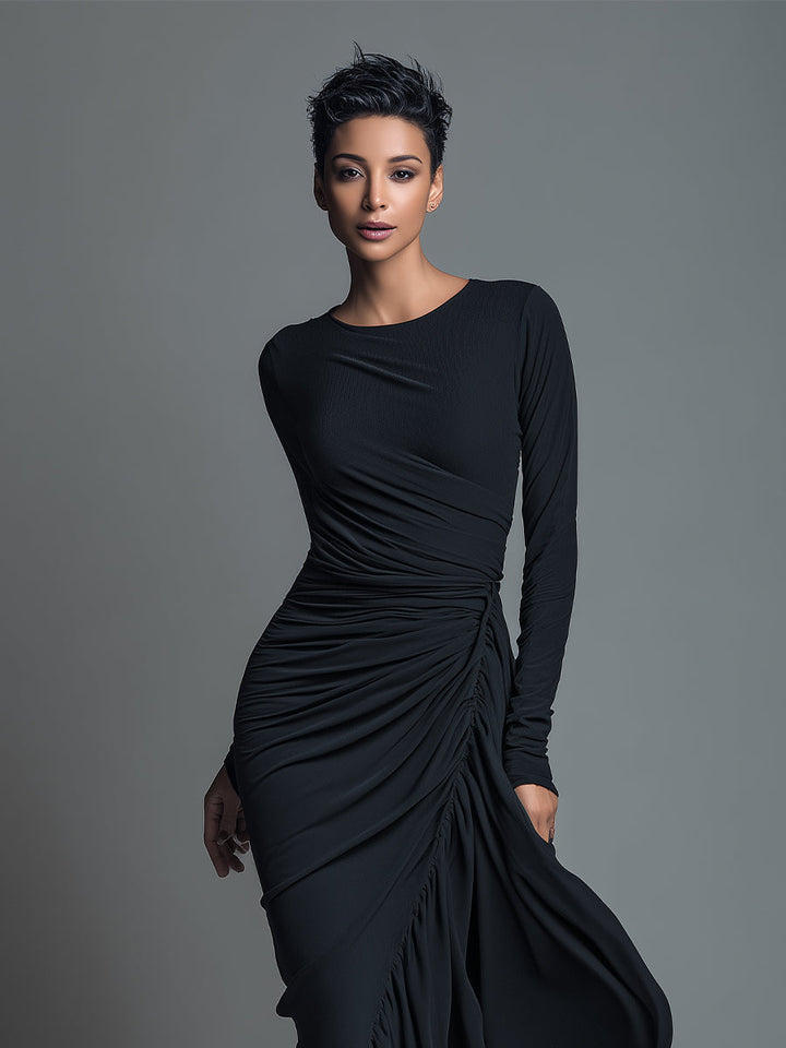 Claire | Jersey Knit Ruched Long Sleeve Maxi Dress
