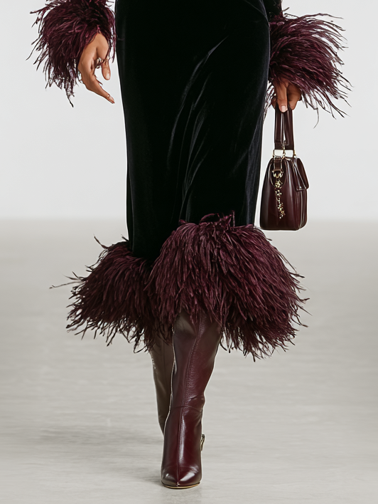 Roxanne | Black Velvet Turtleneck Feather Cuff Fitted Formal Maxi Dress