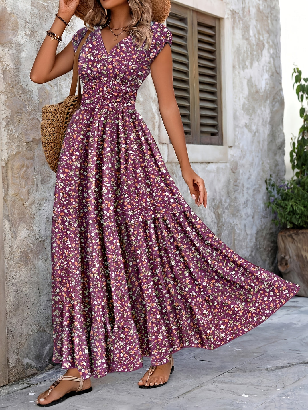 Women's Ditsy Floral Smocked Tiered Maxi Boho Dress