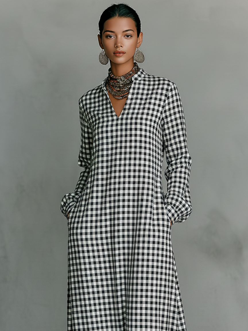 Paige | Black White Gingham V Neck Oversized Casual Maxi Dress