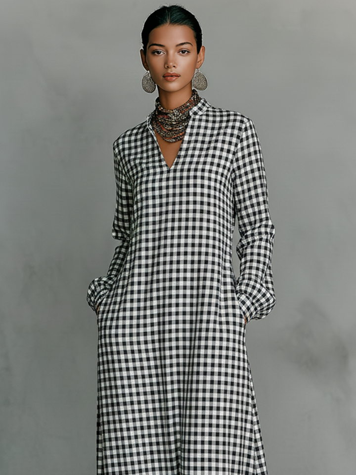 Paige | Black White Gingham V Neck Oversized Casual Maxi Dress