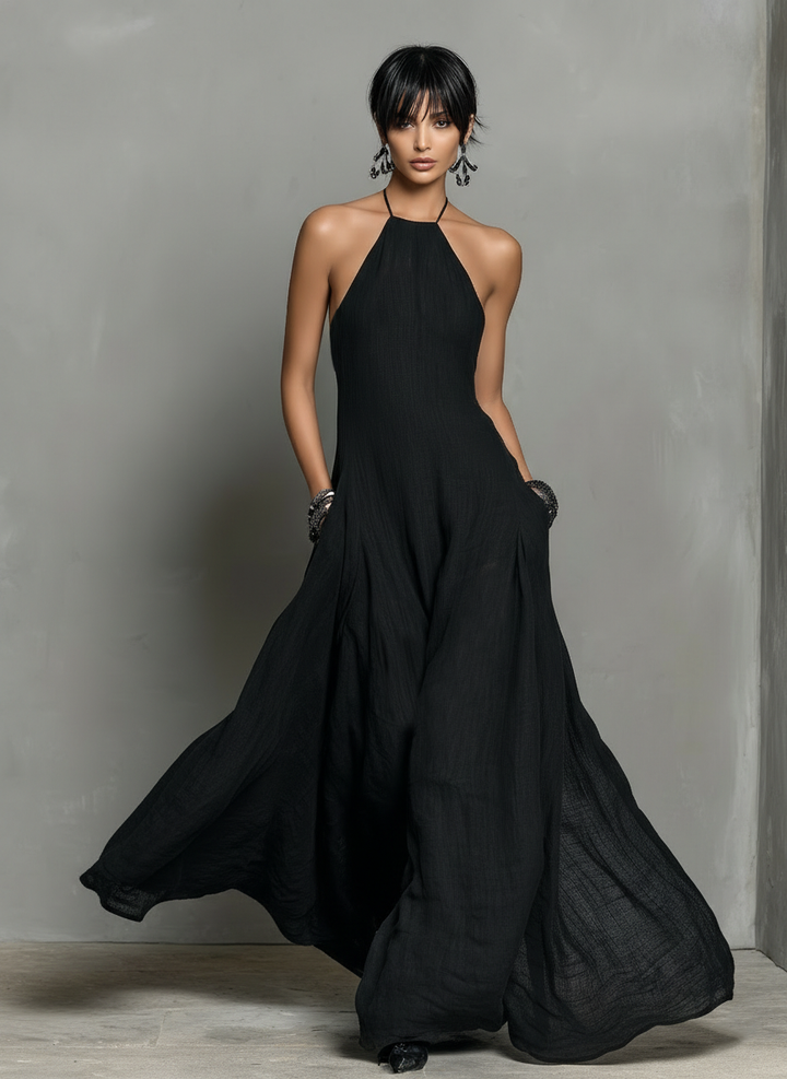 Natalie | Black Linen Halter Neck Sleeveless Maxi Dress for Women