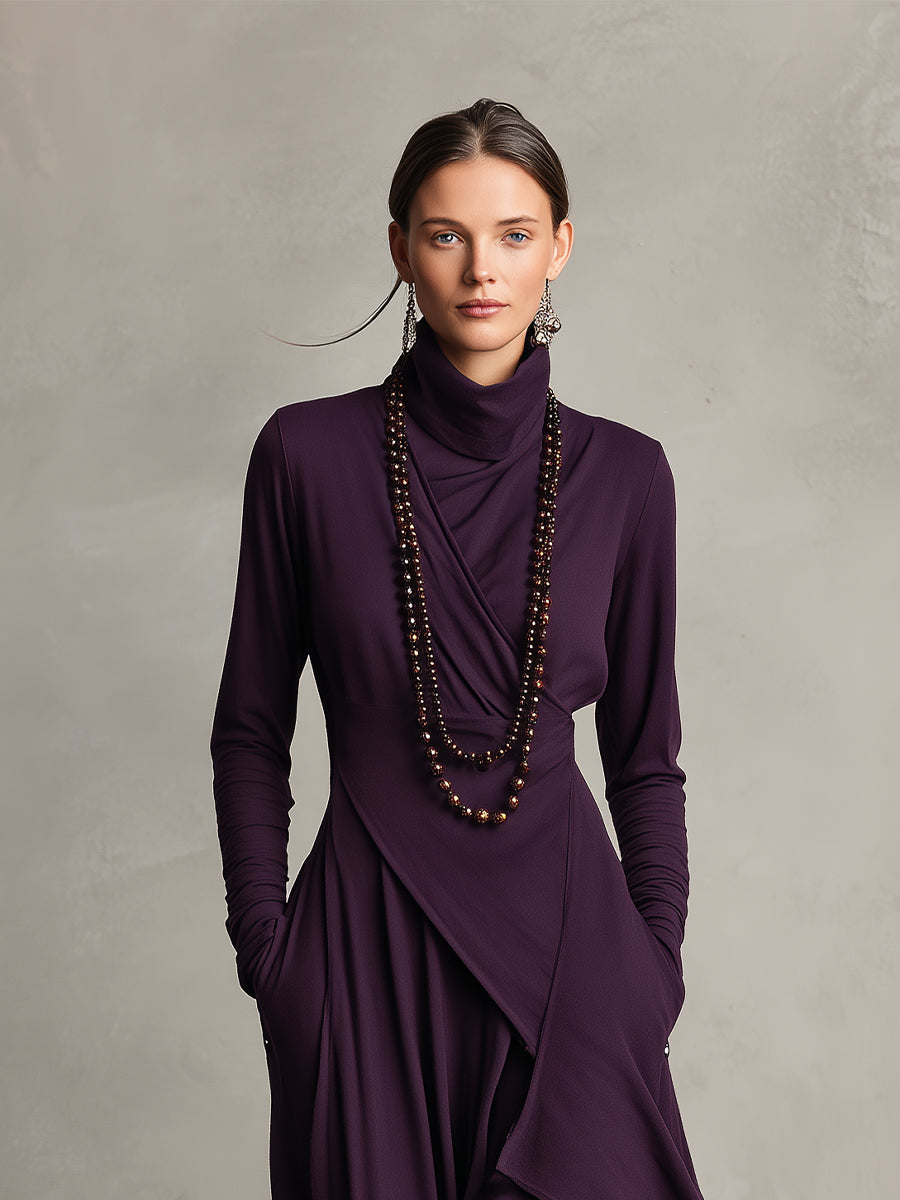 Celeste | Purple Dress for Women with Turtleneck Asymmetric Draped Maxi Style