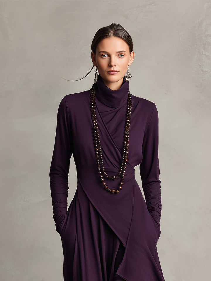 Celeste | Purple Dress for Women with Turtleneck Asymmetric Draped Maxi Style