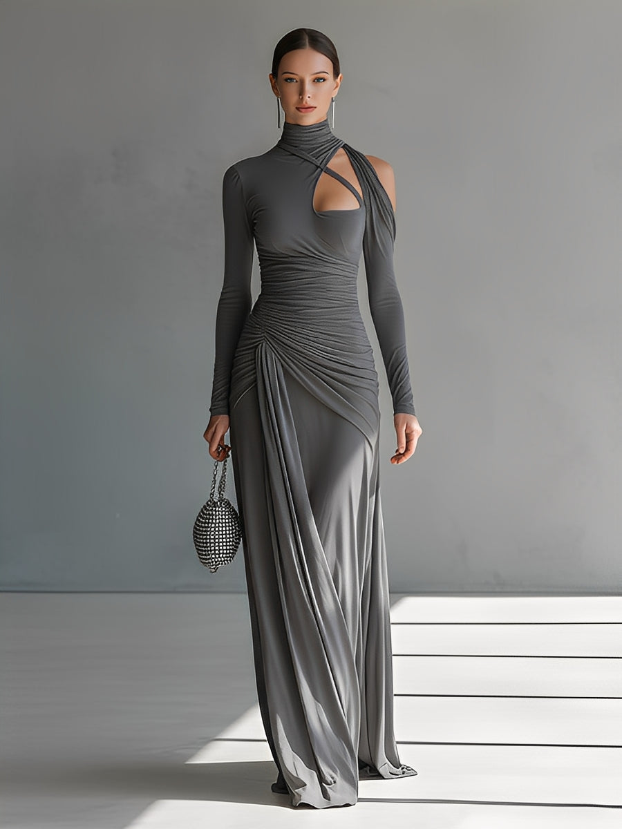 Sienna | Turtleneck Cutout Ruched Long Sleeve Fitted Formal Maxi Dress for Women