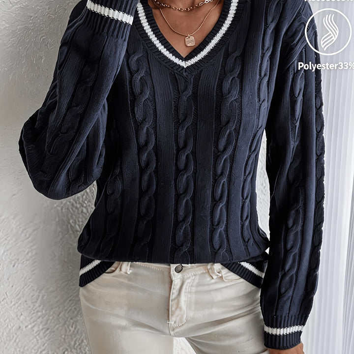 Women's Contrast Trim V Neck Long Sleeve Cable Knit Sweater
