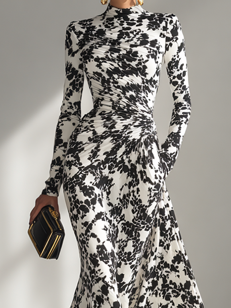 Vivienne | Floral Print Ruched Turtleneck Maxi Dress for Women