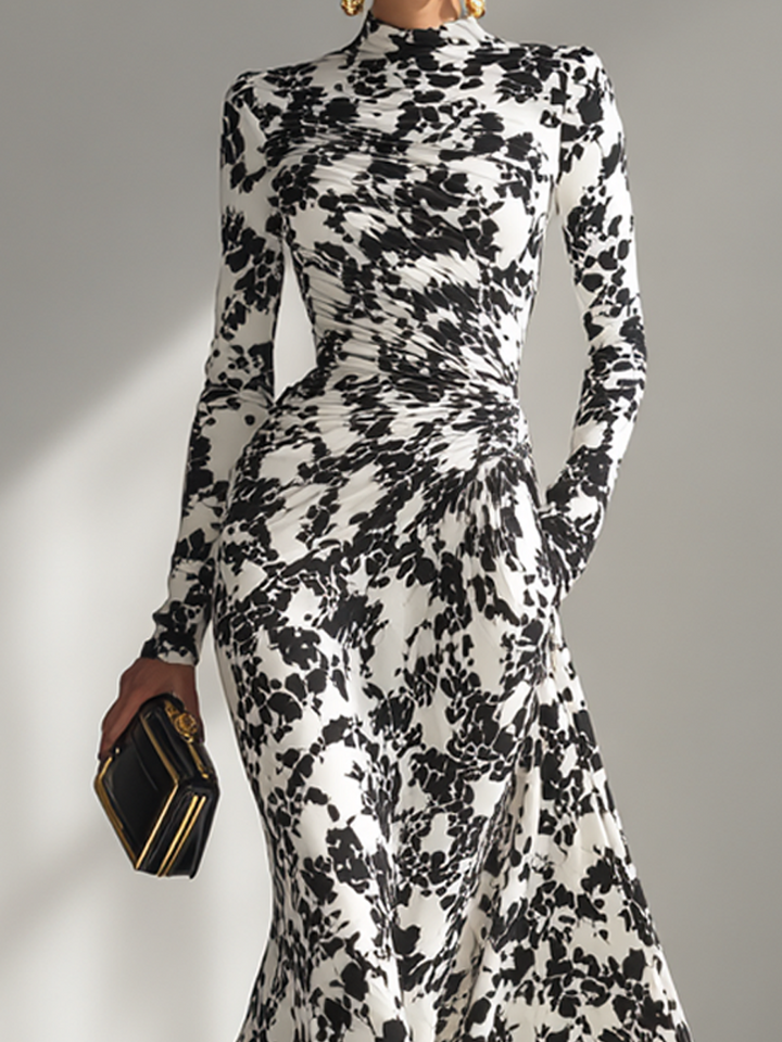 Vivienne | Floral Print Ruched Turtleneck Maxi Dress for Women