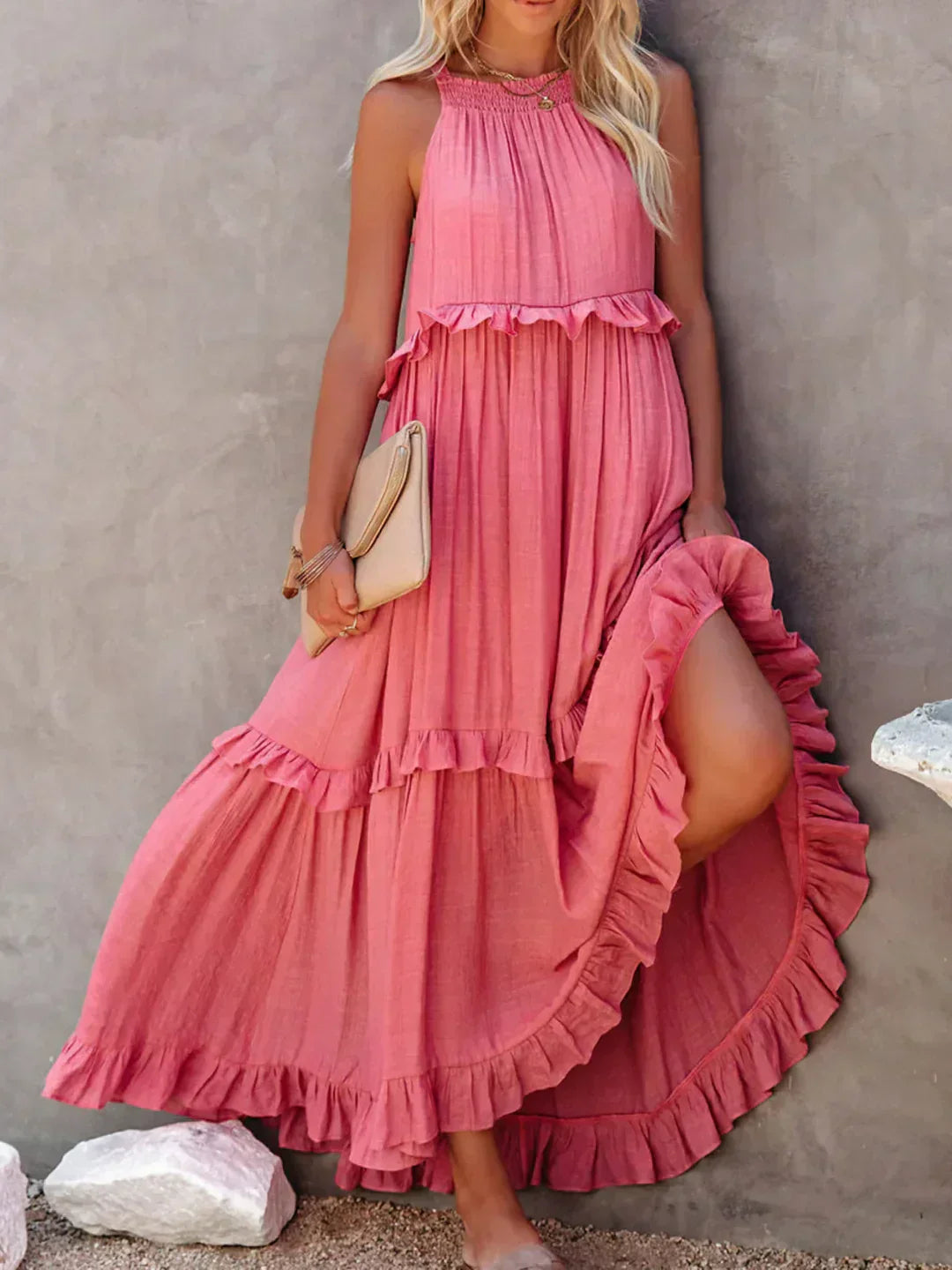 Elegant Tiered Chiffon Maxi Cocktail Dress for Women with Halter Neckline Ruffle Layers Flowing Skirt