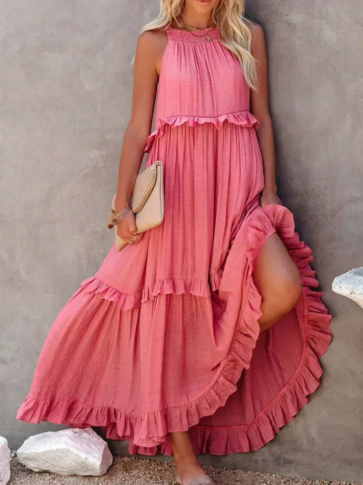 Elegant Tiered Chiffon Maxi Cocktail Dress for Women with Halter Neckline Ruffle Layers Flowing Skirt