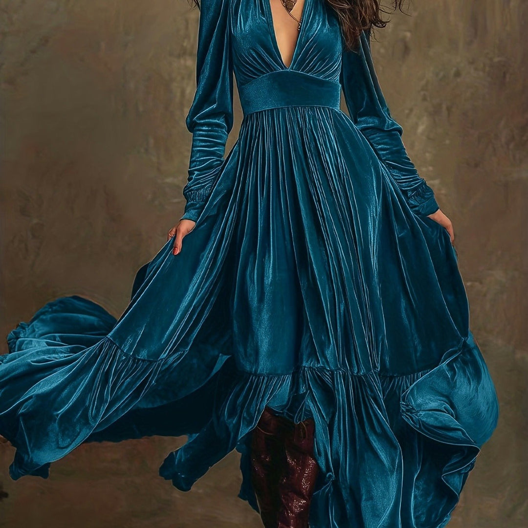 Elegant Velvet Maxi Dress for Women with Plunging V Neck Long Sleeve Tiered Ruffle Flowing Style